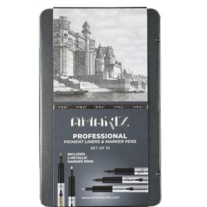 AMARIZ DOMS Pigment Fine Point Liner & Marker Set Of 10, Black